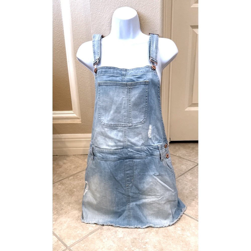 Arizona Jean Co Women Denim Overall Dress Crystal Blue Distressed Pinafore Large